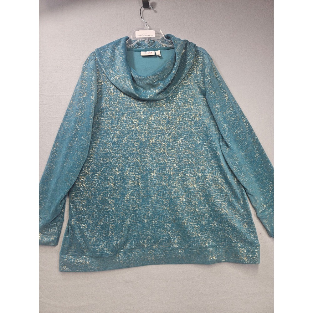 Denim & Co Teal Gold Foil Splatter Cowl Neck Pullover Top XL Womens Holiday Glam
